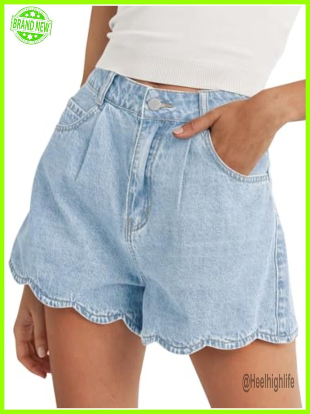 High Waist Denim Shorts Scalloped Hem Stretch Jean Summer Casual